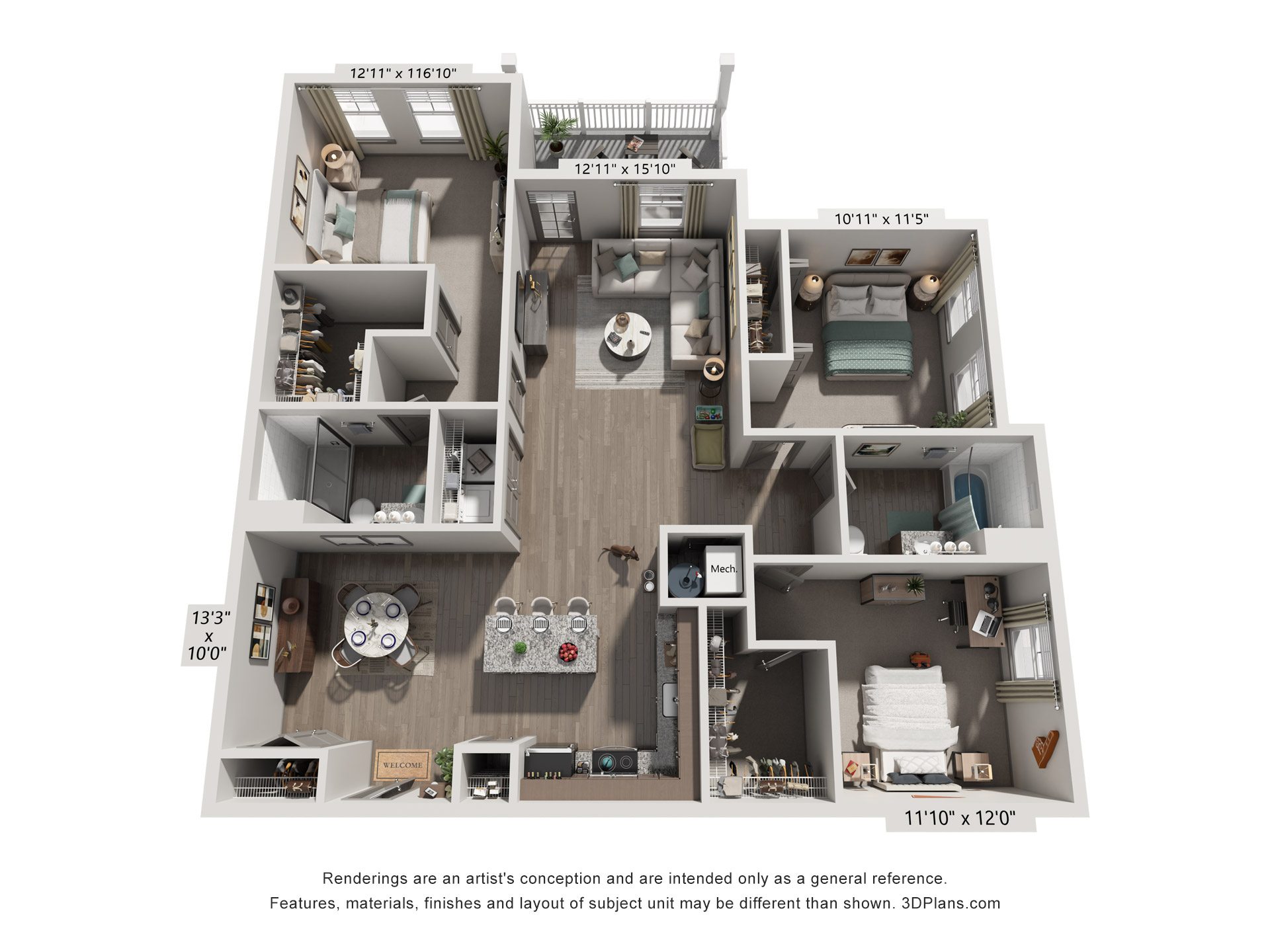 Floor plan for 3 beds, 2 baths, 1519 sqft